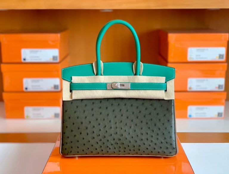 Túi Hermes Birkin Ostrich Olive green & Etoupe Grey Silver Hardware Handmade khâu tay 30cm