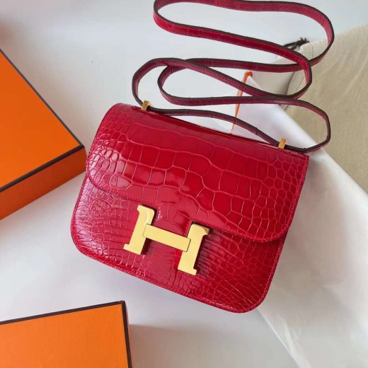 Túi Hermes Constance Shiny Alligator Crocodile da cá sấu Ferrari red Gold Hardware Handmade khâu tay 18cm