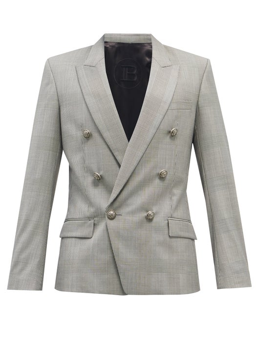 ÁO BALMAIN Double-breasted Prince of Wales-check wool blazer