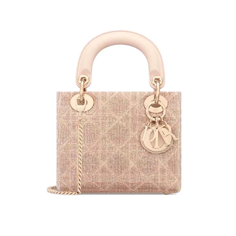 TÚI Dior Women Mini Lady D-joy Bag Caramel Beige Cannage Cotton Embroidered with Micropearls