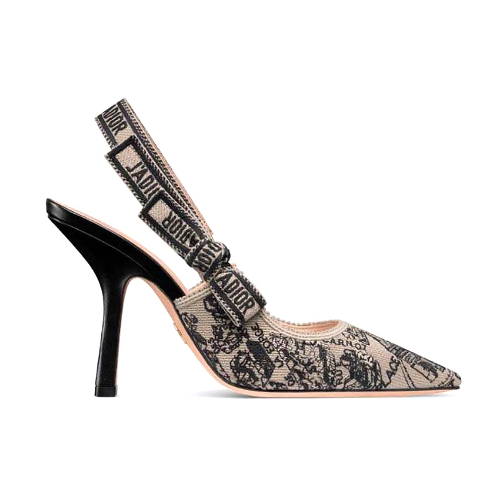 GIÀY Dior Women J’Adior Slingback Pump Black and Beige Cotton Embroidered with Plan de Paris Motif