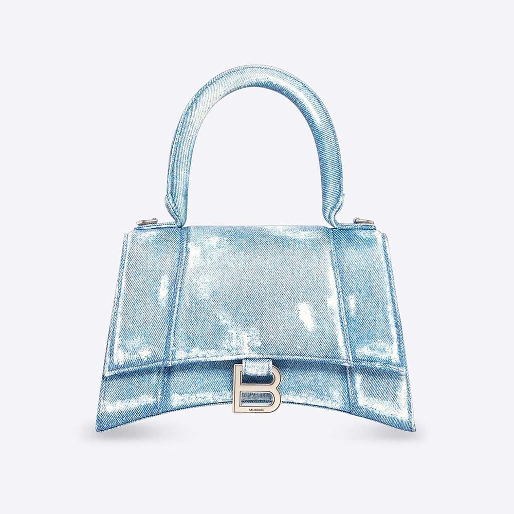 TÚI Balenciaga Women Hourglass Small Handbag Denim Printed in Indigo-Blue