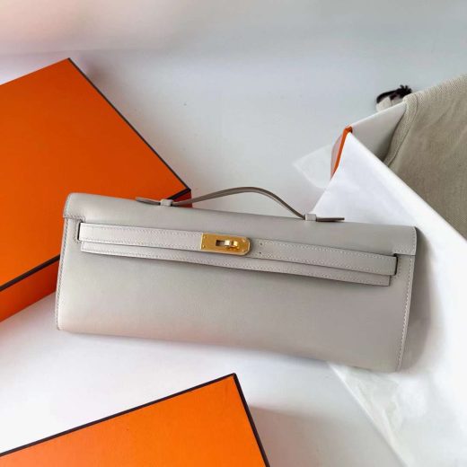 Túi Hermes Kelly cut Swift Pearl grey Gold Hardware Handmade khâu tay 31cm