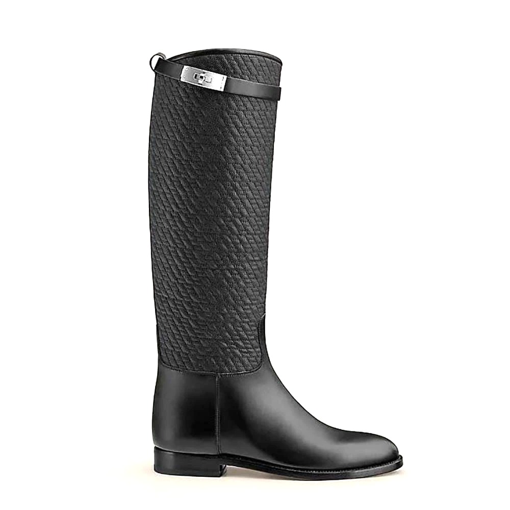 GIÀY Hermes Women Jumping Boot in Quilted Canvas and Calfskin-Black