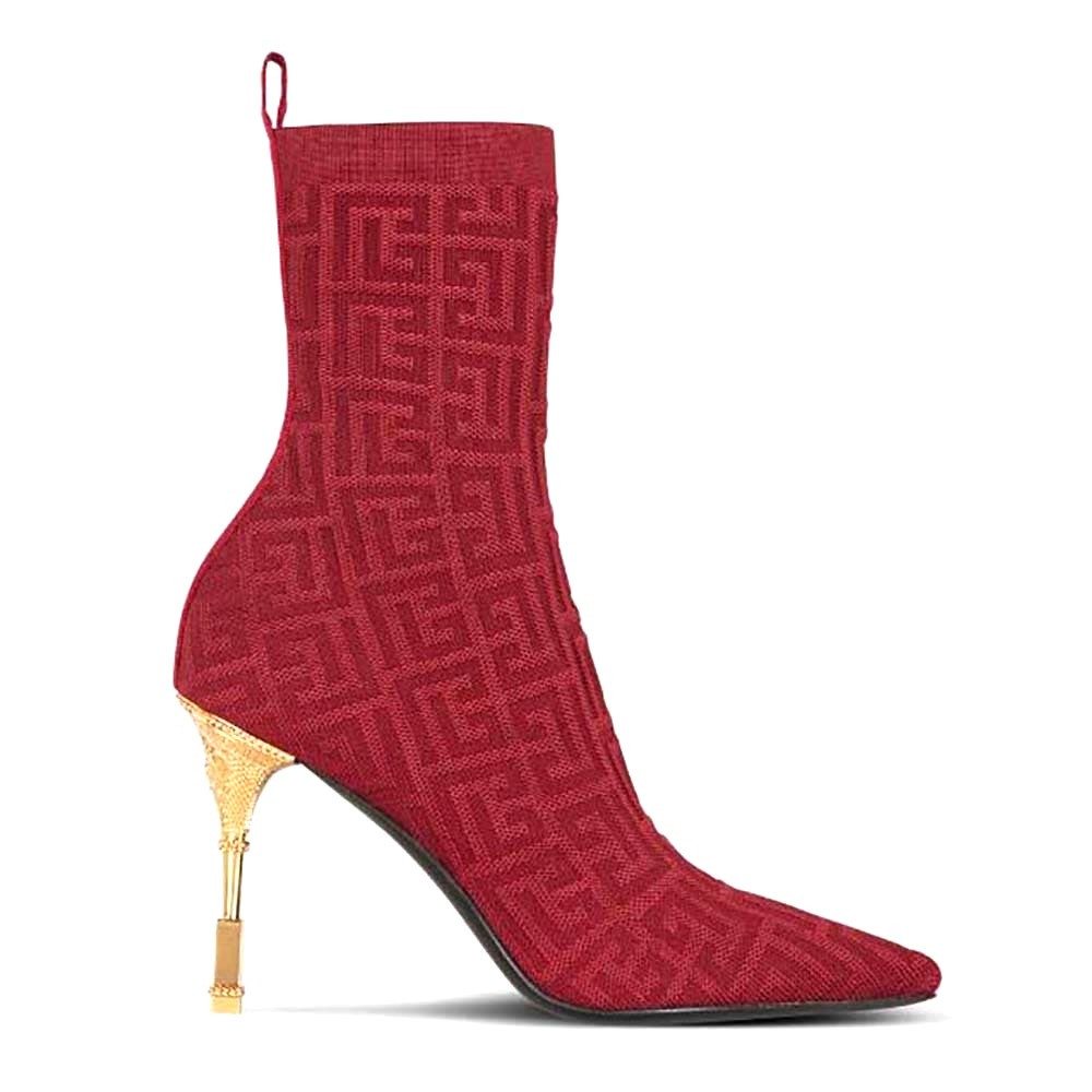 GIÀY Balmain Women Moneta Monogrammed Knit Ankle Boots with Engraved Heel-Red