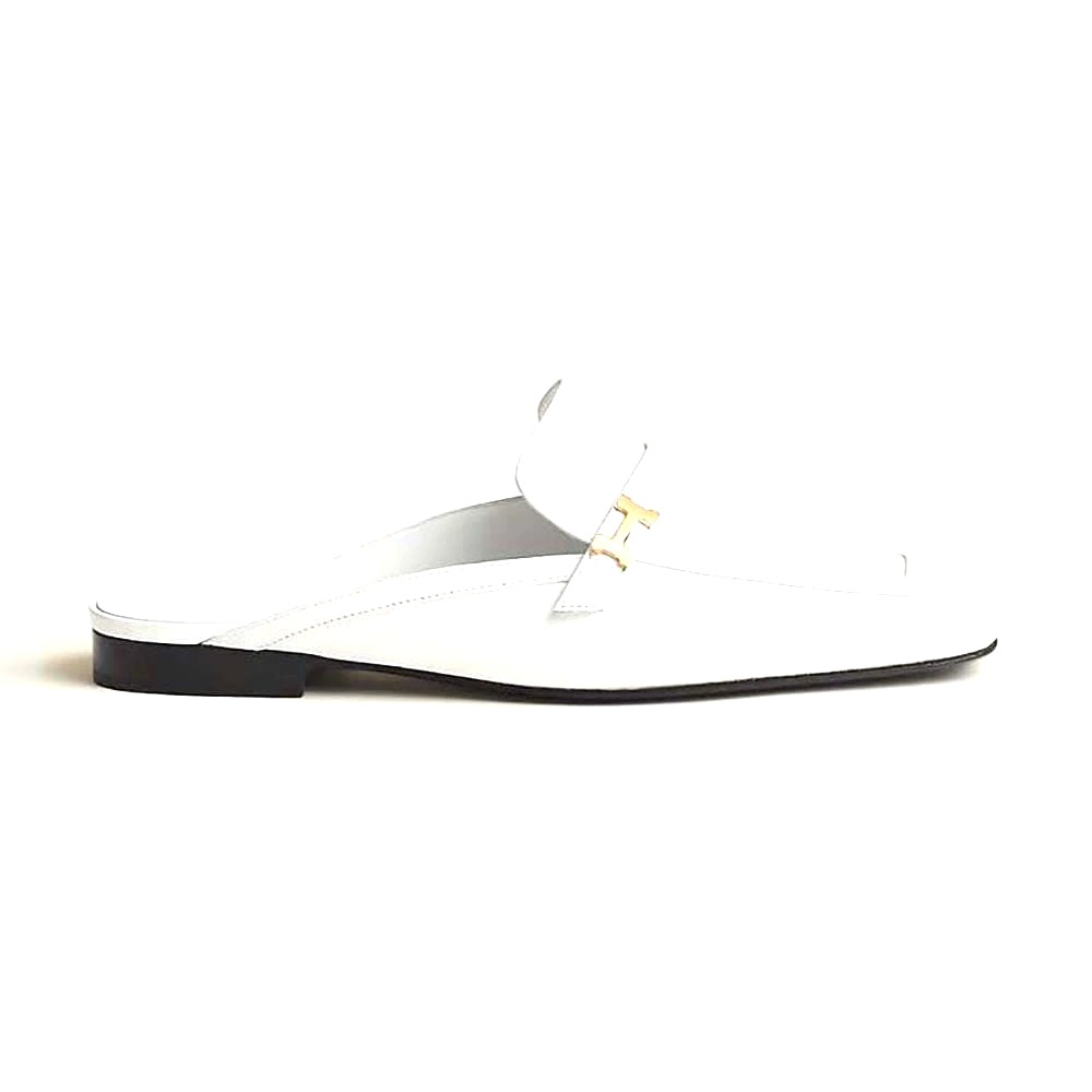 GIÀY Hermes Women Groupie Mule in Goatskin with Miniature Palladium-Plated Paris Buckle-White