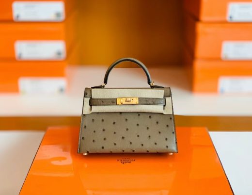 Túi Hermes Mini Kelly Ostrich etoupe grey da đà điểu Gold Hardware Handmade khâu tay 19cm
