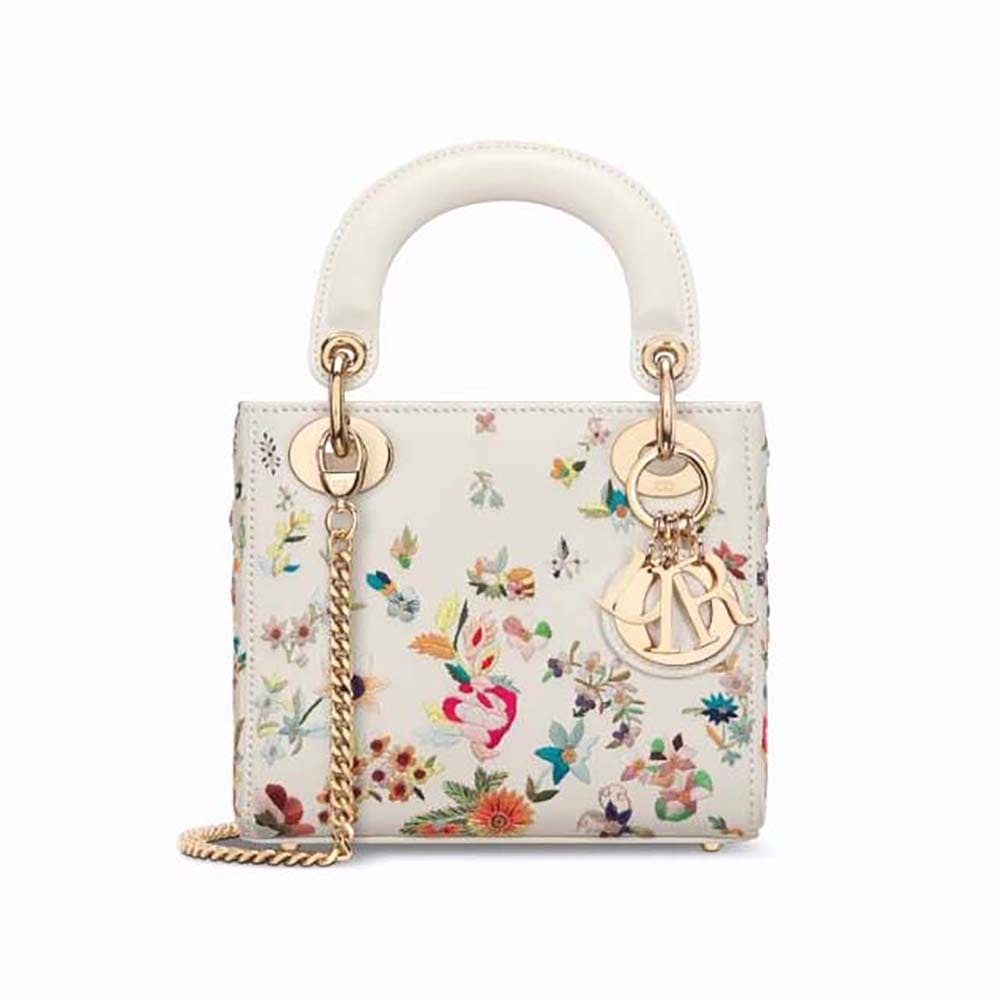 TÚI Dior Women Mini Lady Dior Bag Latte Calfskin Embroidered with Multicolor Small Flowers