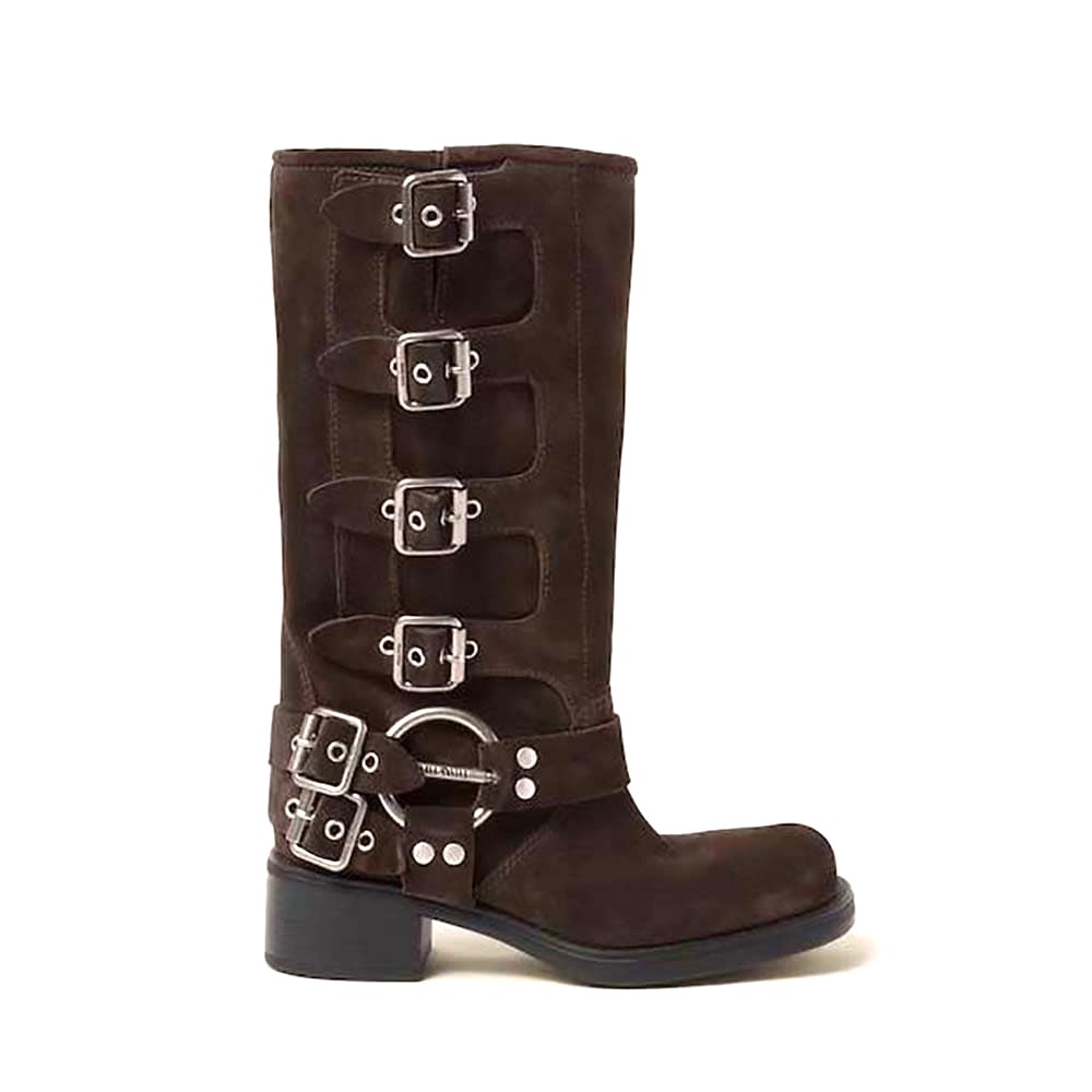 GIÀY Miu Miu Women Suede Boots with Logo-engraved Harness Ring