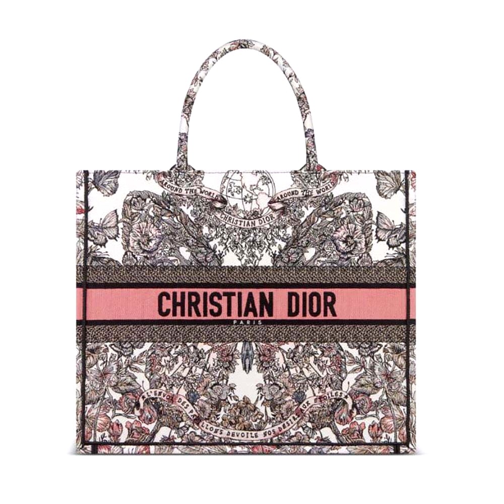 TÚI Dior Women Large Dior Book Tote White and Pastel Pink Butterfly Around The World Embroidery