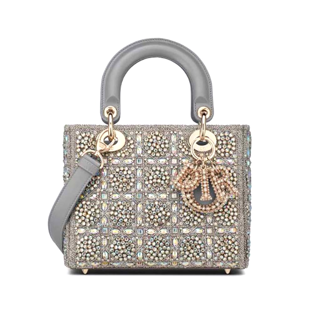 TÚI Dior Women Small Lady Dior Bag Gray Smooth Calfskin and Satin with Bead Embroidery
