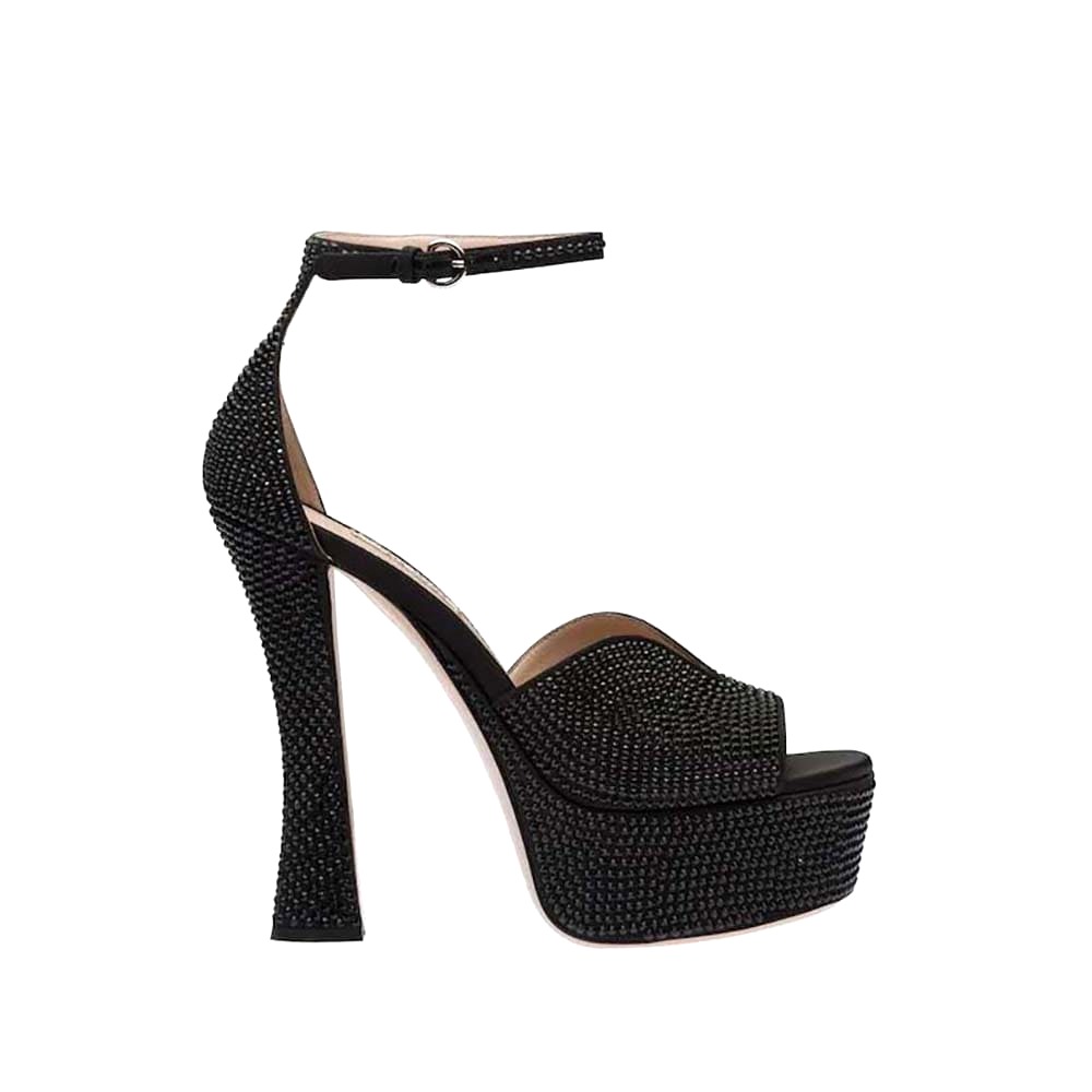 GIÀY Miu Miu Women Satin Platform Sandals with Crystals-Black