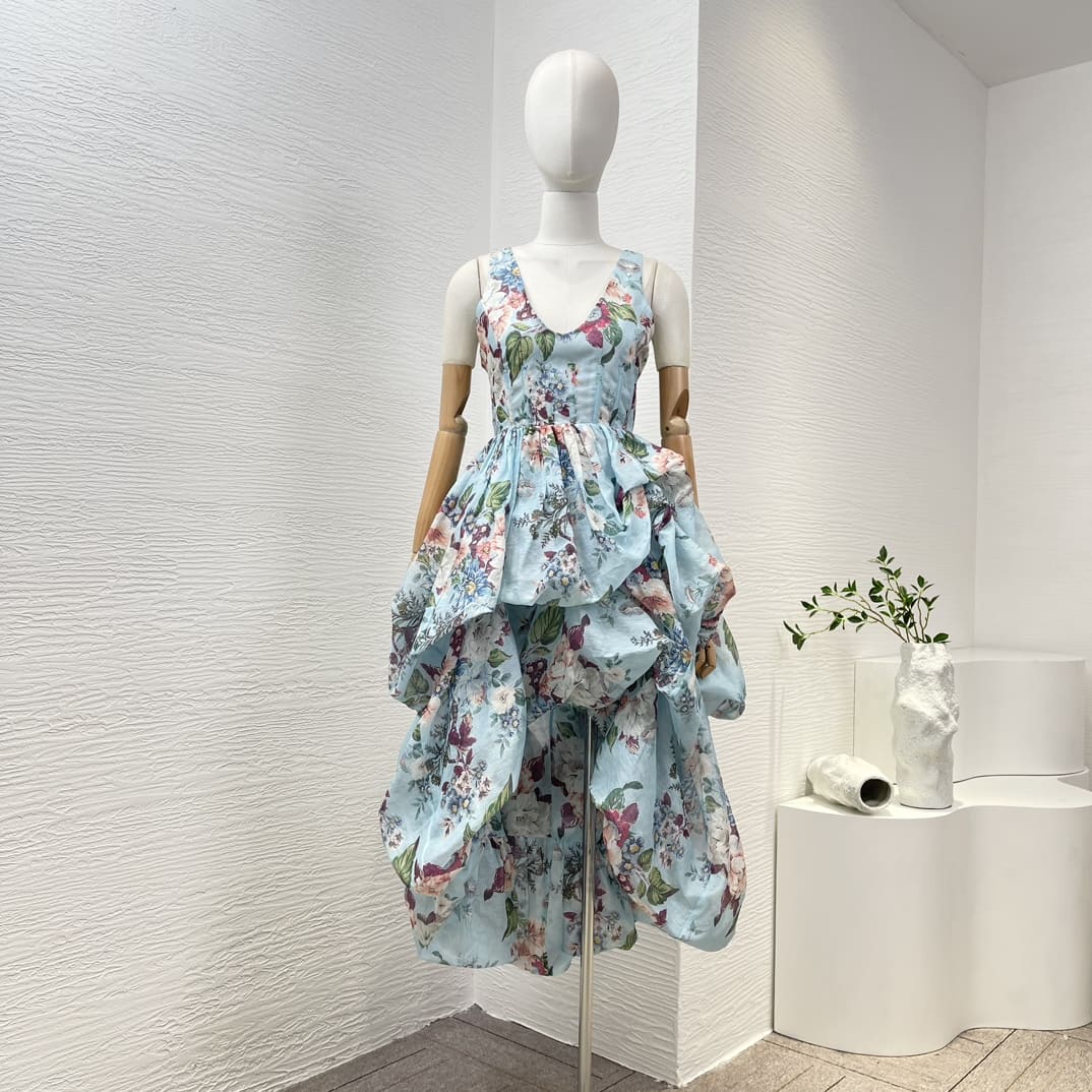 VÁY ZIMMERMANN Holiday Blue Floral Pirnt Ruched Sleeveless High-low Midi Dress High Classy