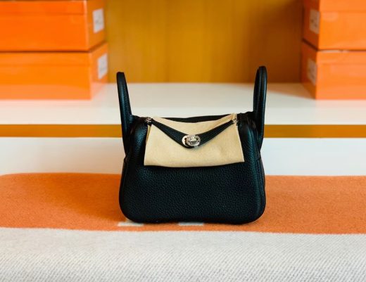 Túi Hermes Mini Lindy Togo Black Silver Hardware Handmade khâu tay 19cm