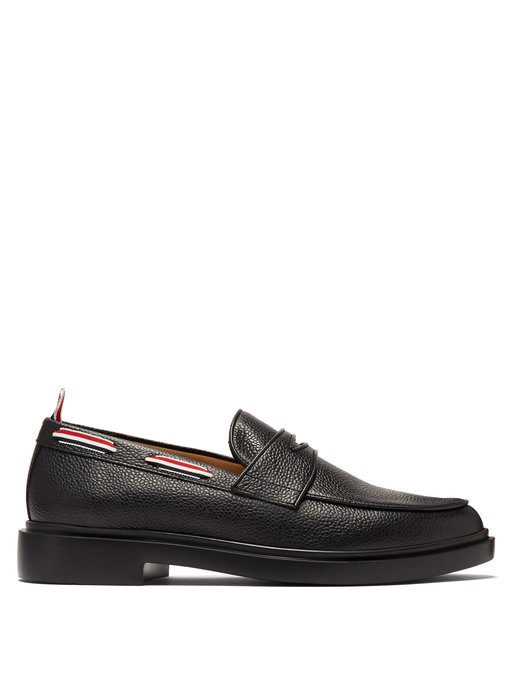 GIÀY THOM BROWNE  Grosgrain trim pebbled leather Penny loafers