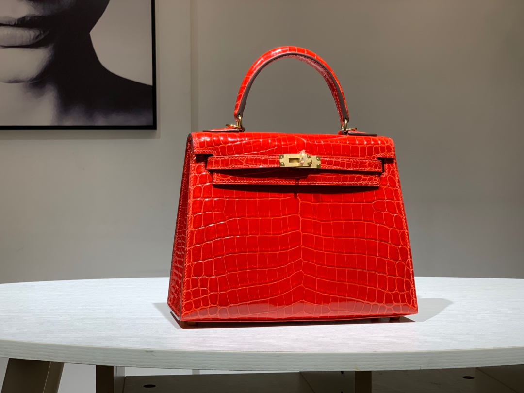 TÚI HERMES Kelly 25cm Glossy Crocodile Leather Red