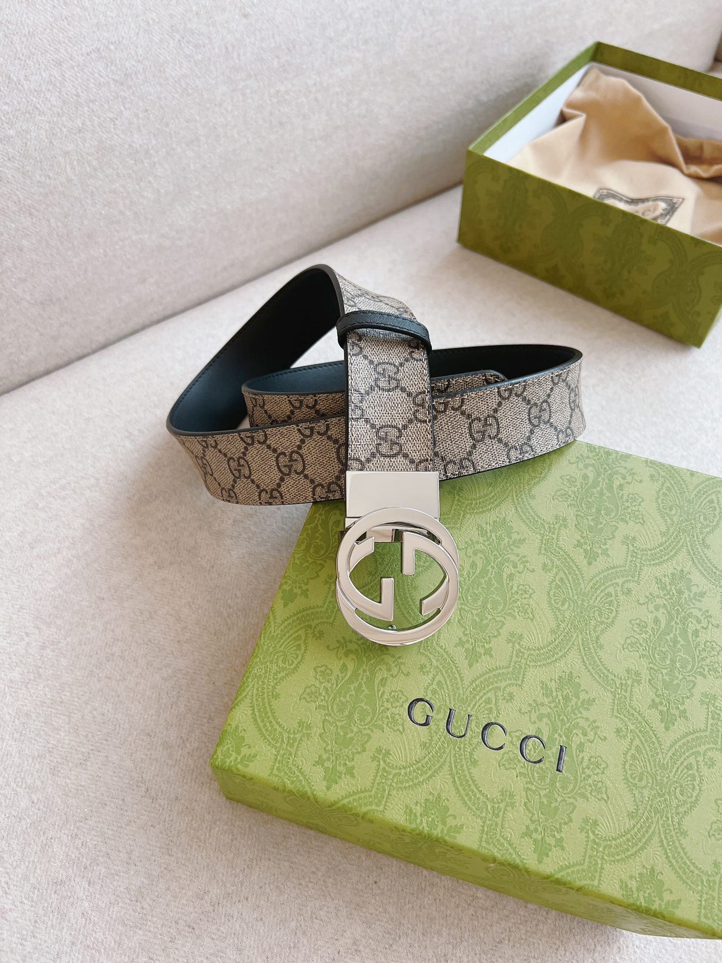 DÂY LƯNG GUCCI GG BROWN CANVAS LEATHER Khóa bạc