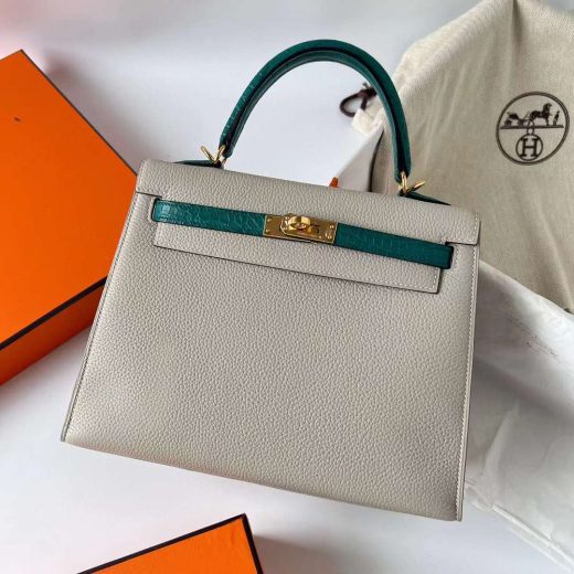Túi Hermes Kelly Togo & Matte Alligator crocodile  Pearl grey &  Malachite Green Gold Hardware Handmade khâu tay 26cm
