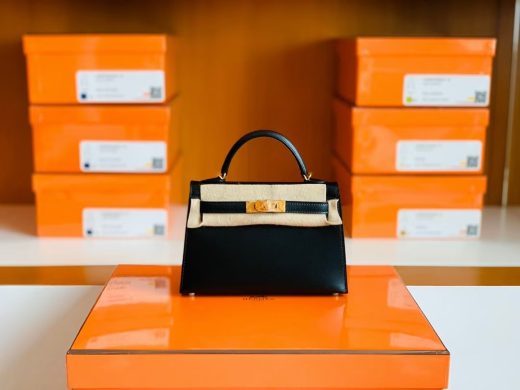 Túi Hermes mini kelly Box Black Gold Hardware Handmade khâu tay 19cm