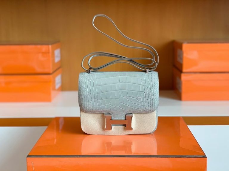 Túi Hermes Constance Matte Alligator crocodile Pearl grey Silver Hardware Handmade khâu tay 18cm