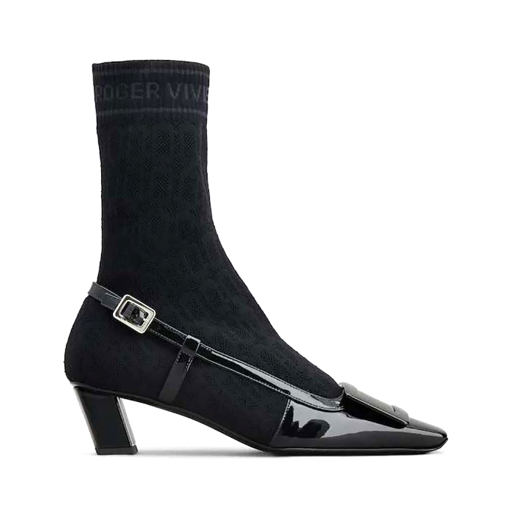 GIÀY Roger Vivier Women Belle Vivier Sock Lacquered Buckle Ankle Boots in Patent Leather-Black