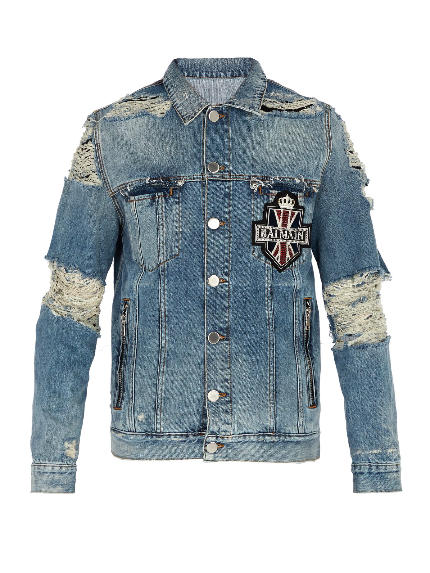 ÁO BALMAIN Distressed crystal-embellished denim jacket(TẠM HẾT HÀNG)