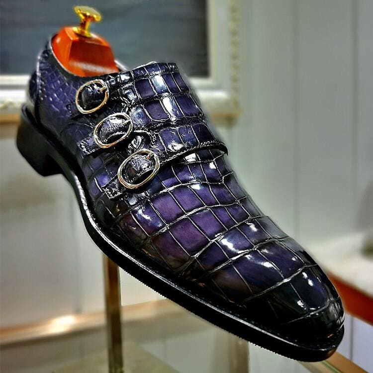 Giày lười Triple Monk Strap Slip-on Loafer Cap Toe da cá sấu được làm thủ công