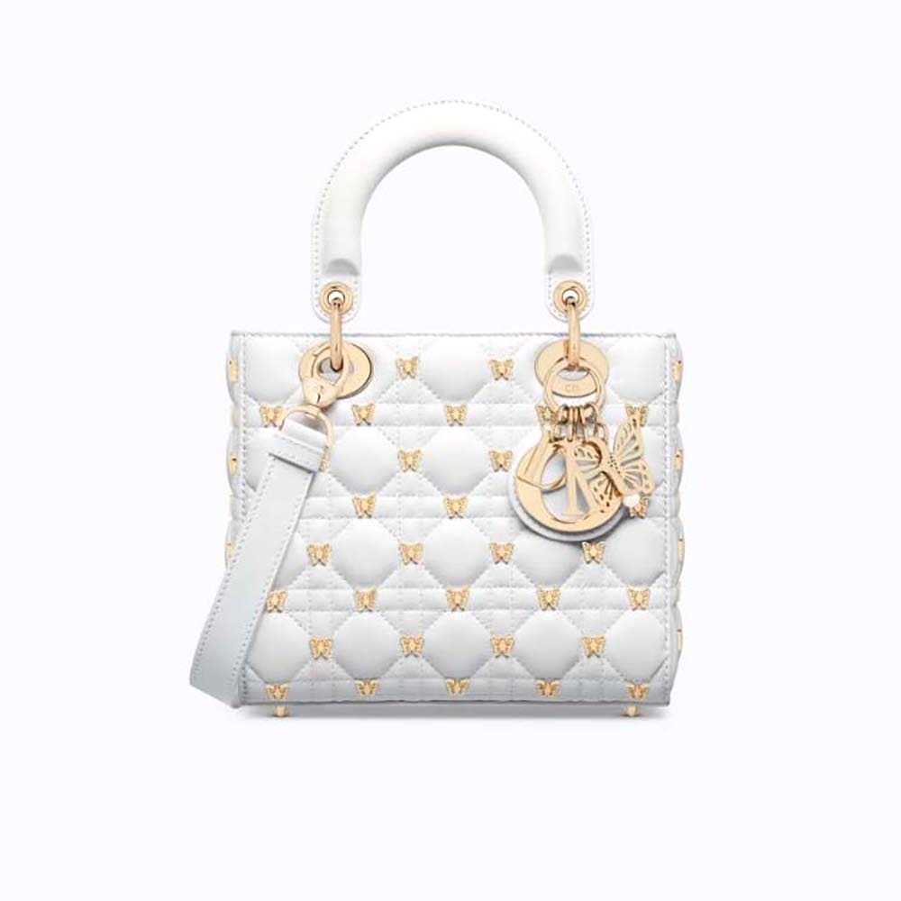 TÚI Dior Women Small Lady Dior Bag White Cannage Lambskin with Gold-Finish Butterfly Studs