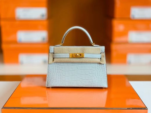 Túi Hermes Mini Kelly Matte Alligator Pearl grey Gold Hardware da cá sấu Handmade khâu tay 19cm