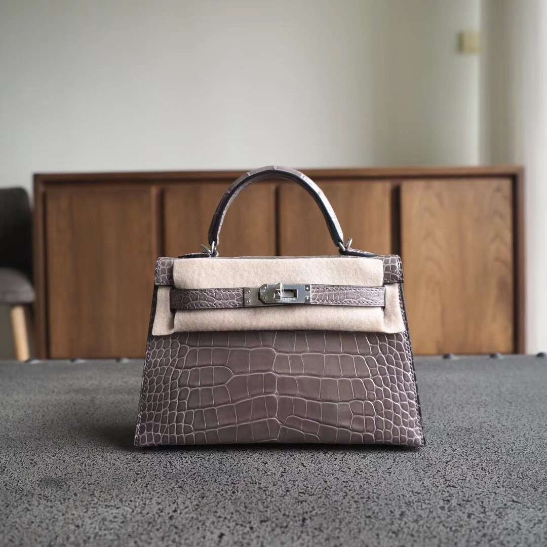 TÚI HERMES Mini Kelly 19CM silver hardware Gray crocodille da cá sấu