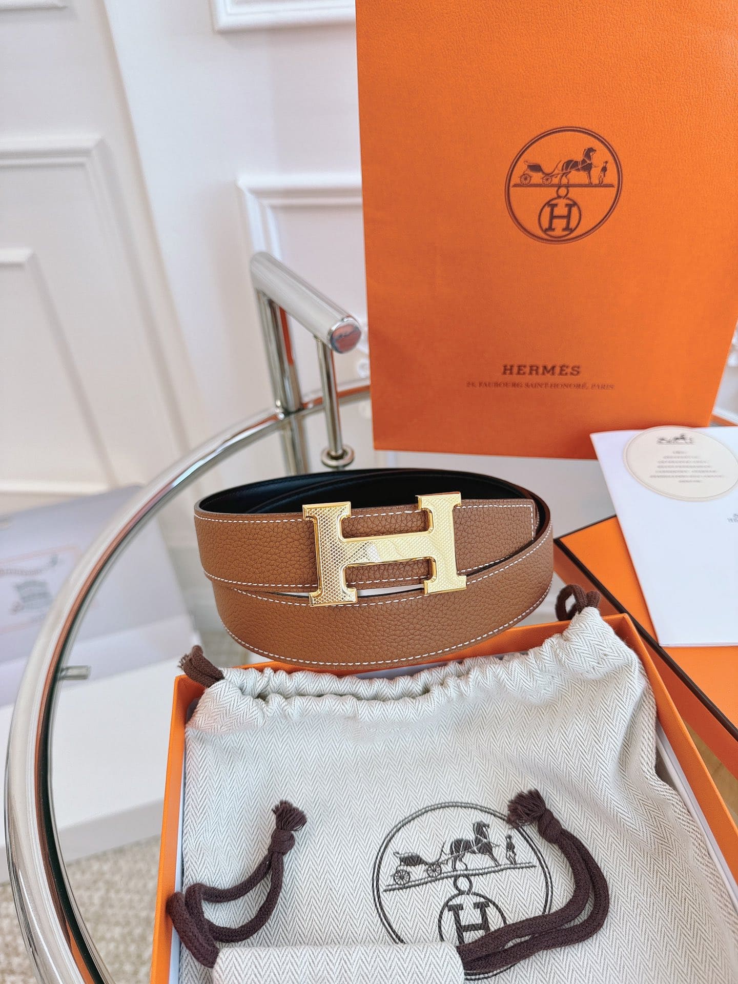 DÂY LƯNG HERMES H BROWN Togo leather hai mặt khóa bạc