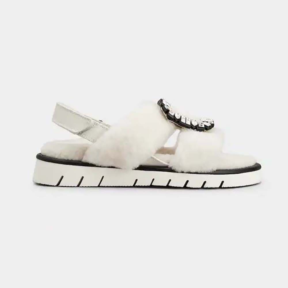 GIÀY Roger Vivier Women Viv’ Winter Fur Strass Buckle Sandals in Sheepskin-White