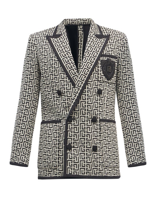 ÁO BALMAIN Zardozi-crest monogram cotton-hopsack blazer