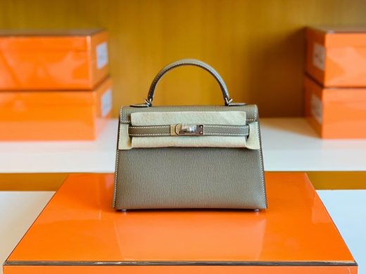 Túi Hermes Mini Kelly Chevre Etoupe Grey Silver Hardware Handmade khâu tay 19cm