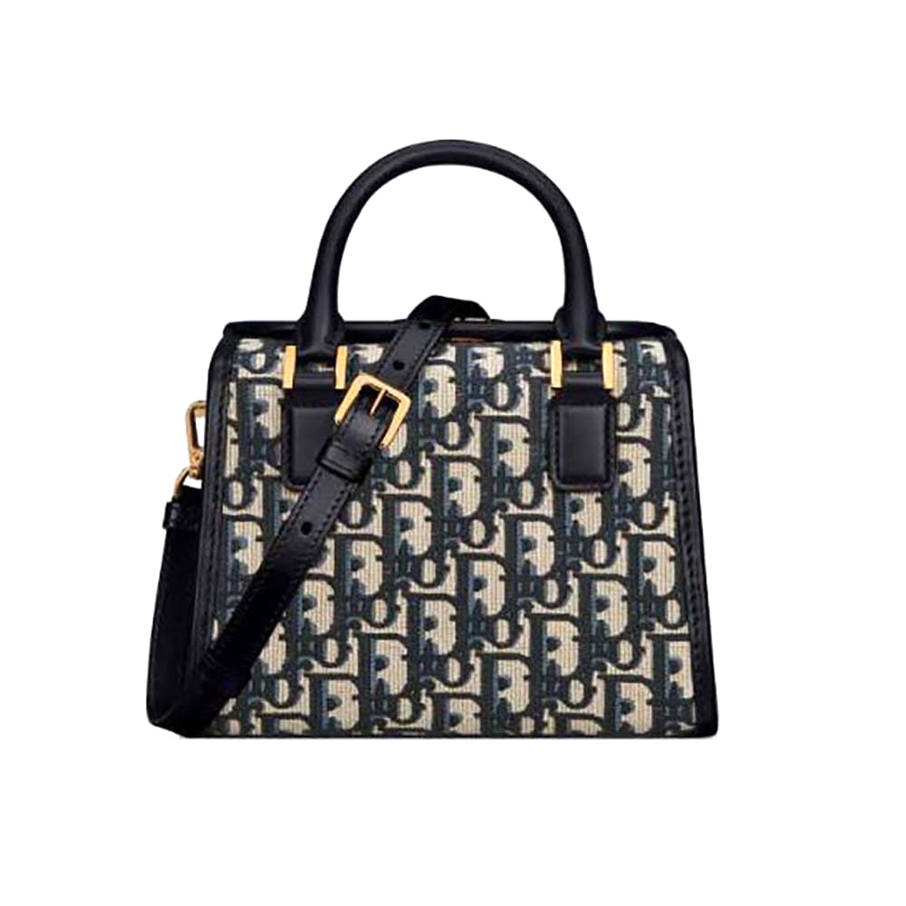 TÚI Dior Women Small Boston Bag Blue Dior Oblique Embroidery and Smooth Calfskin