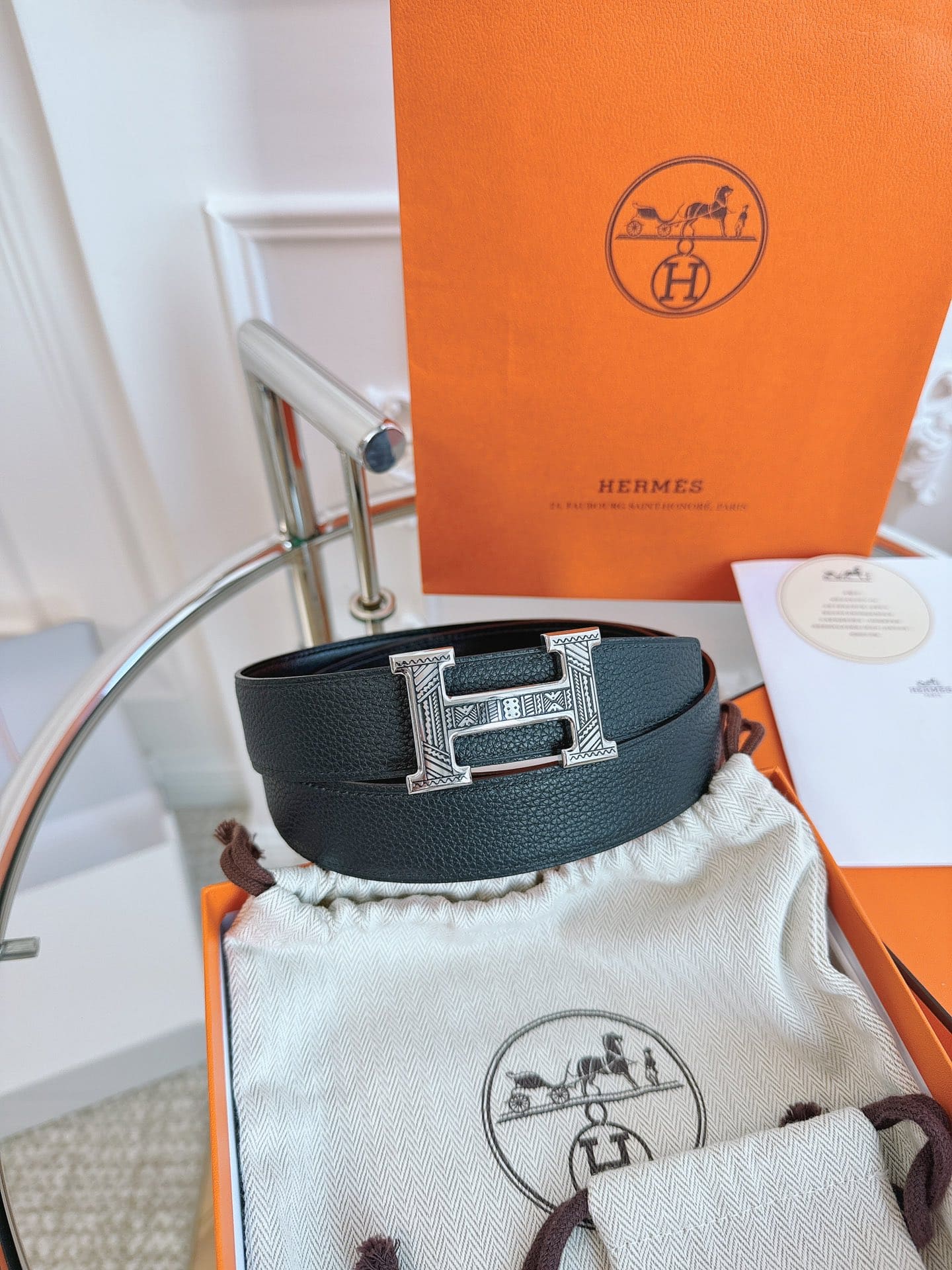 DÂY LƯNG HERMES H BLACK BLUE Togo leather hai mặt khóa bạc