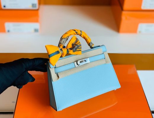 Túi Hermes mini kelly Epsom Light Blue Silver Hardware Handmade khâu tay 19cm