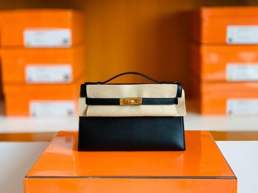 Túi Hermes mini Kelly Pochette Swift Black Gold Hardware  Handmade khâu tay 22cm