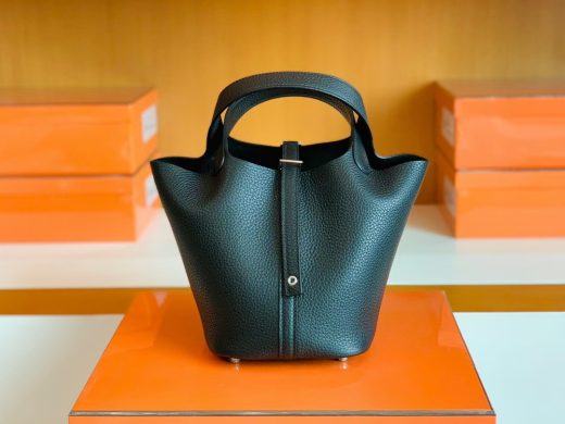Túi Hermes Picotin Leather Black Silver Hardware Handmade khâu tay 18cm