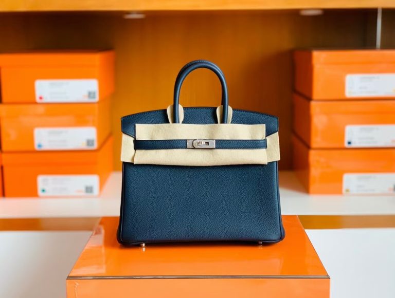 Túi Hermes Birkin Togo bi-color Deep Blue & Orange Silver Hardware Handmade khâu tay 25cm