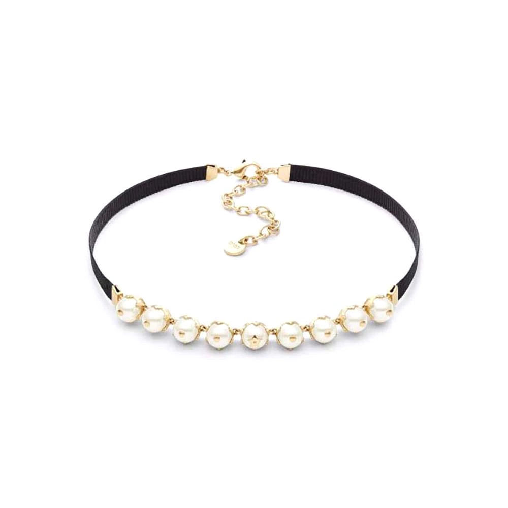 Vòng cổ Dior D-Renaissance Choker Gold-Finish Metal with Black Grosgrain and White Resin Pearls