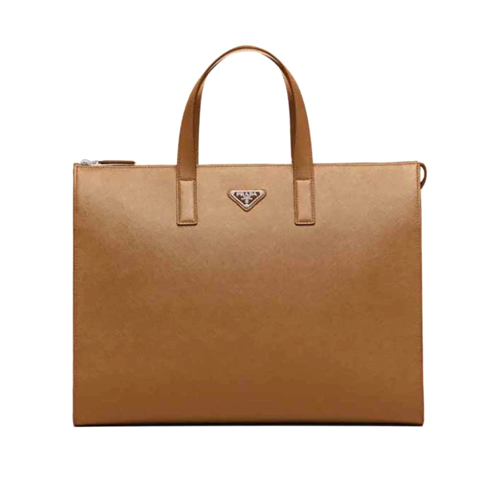 TÚI Prada Men Saffiano Tote with a Crosshatch Pattern and Wax Finish-Brown