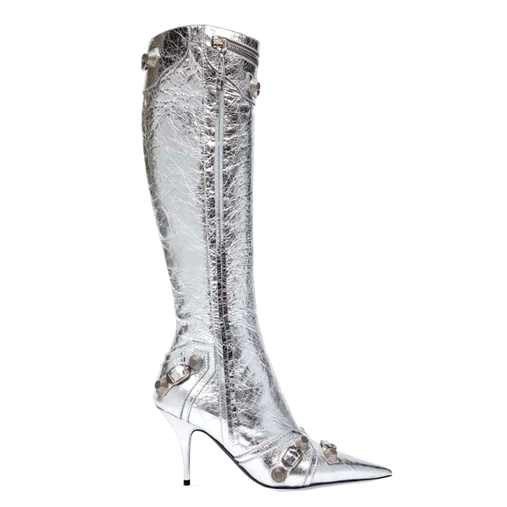 GIÀY Balenciaga Women Cagole 90mm Boot in Silver Mmetallized Arena Lambskin