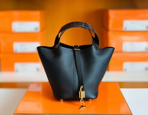 Túi Hermes Picotin lock Touch & crocodile Black Gold Hardwarere Handmade khâu tay 18cm