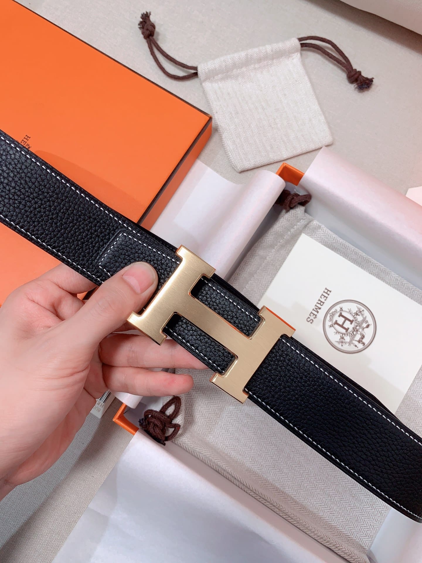 DÂY LƯNG HERMES H Matte Black Togo leather hai mặt khóa vàng