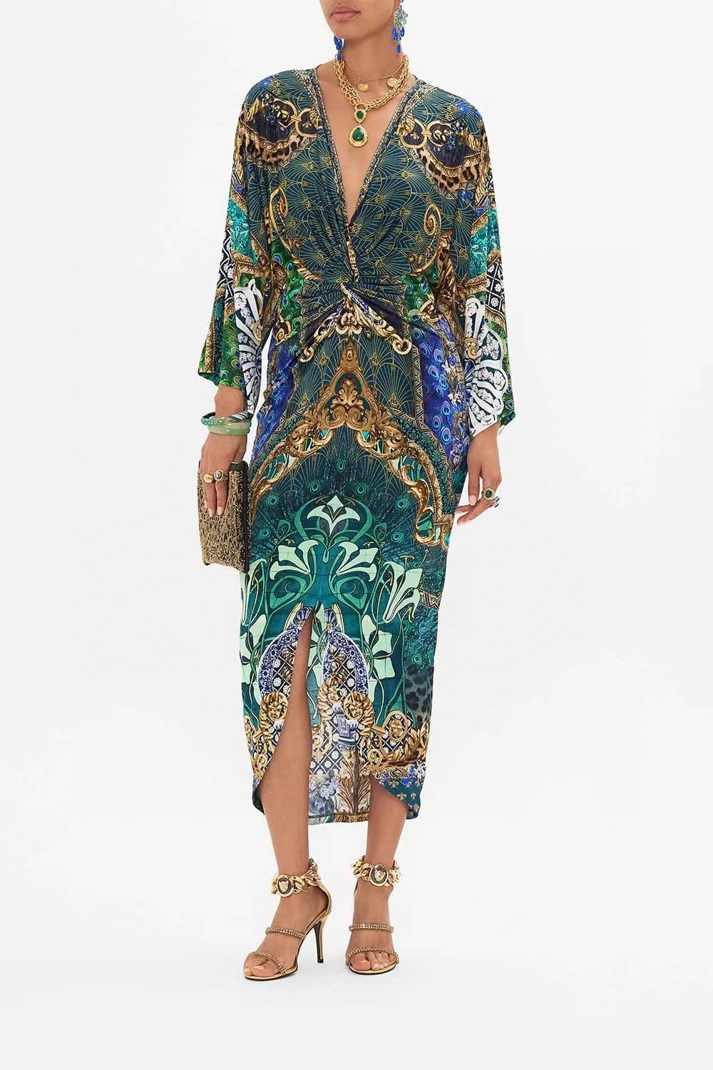 VÁY CAMILLA V NECK GREEN PEACOCK LONG DRESS High Classy
