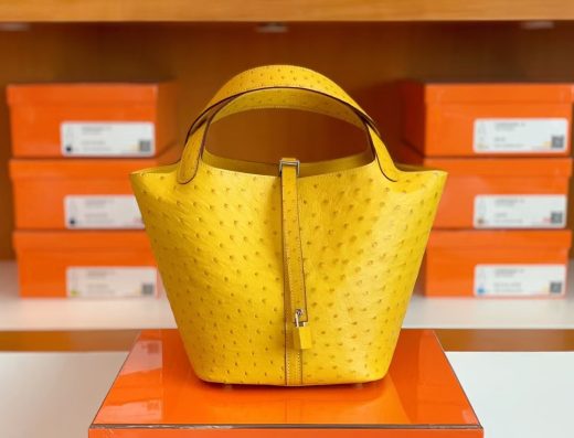 Túi Hermes Picotin Lock Ostrich da đà điểu Lemon yellow Silver Hardware Handmade khâu tay 22cm