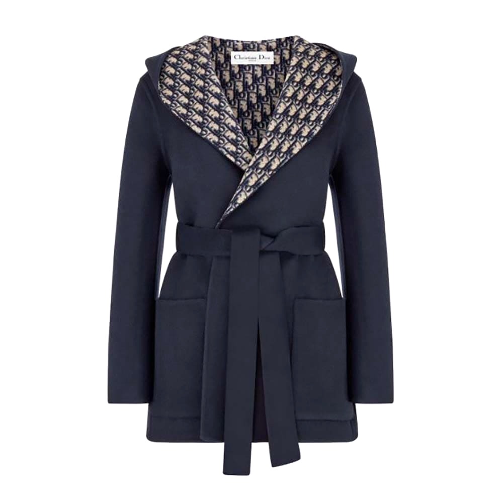 ÁO Dior Women Cropped Coat with Hood and Belt Navy Blue Double-Sided Wool