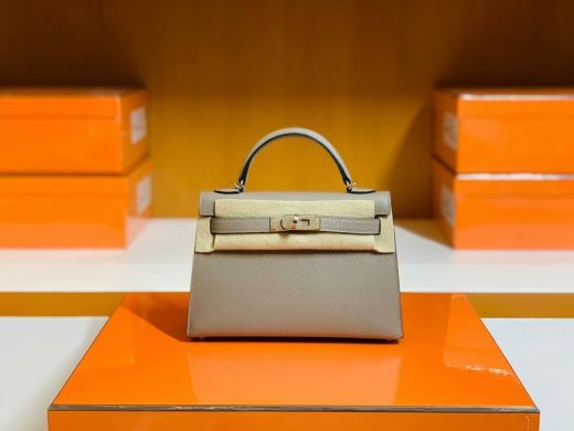 Túi Hermes Mini Kelly Epsom gris ashpite Silver Hardware Handmade khâu tay 19cm