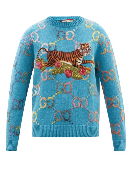 ÁO LEN GUCCI Tiger-embroidered wool-blend sweater